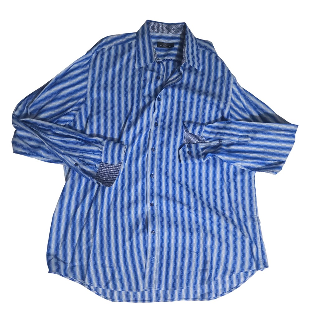 Bugatchi Uomo Men XXL Blue White Geometric Striped Long Sleeve Button Down Shirt